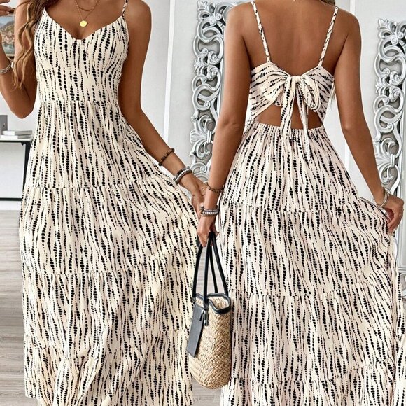 Apricot Boho Women's Belted Spaghetti Strap Patchwork Dress - Picture 3 of 6